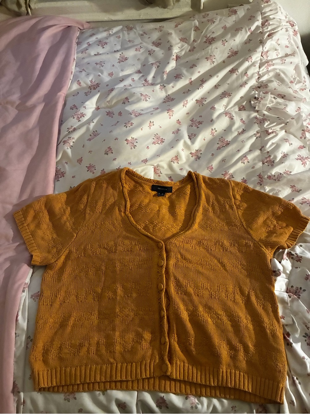 Forever 21 Mustard Yellow Short-Sleeve Button-Front Knit Top